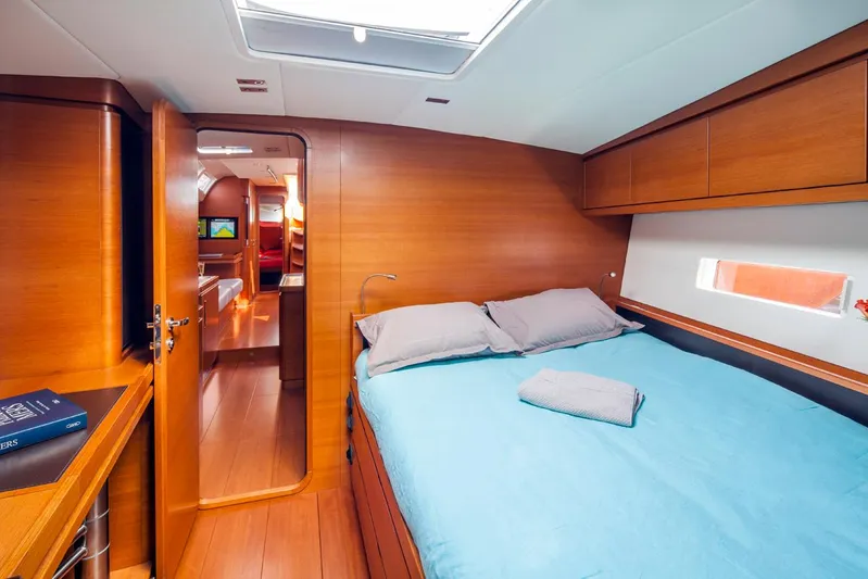 Canteloup VIII Yacht Photos Pics Luxurious cabin interior of 2014 Ice Yachts Ice 62 with wooden finish and cozy bedding.