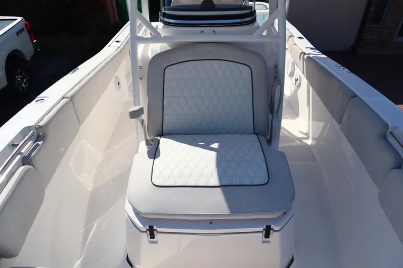  Yacht Photos Pics 2022 Sea Fox 288 Commander boat interior with cushioned seating.