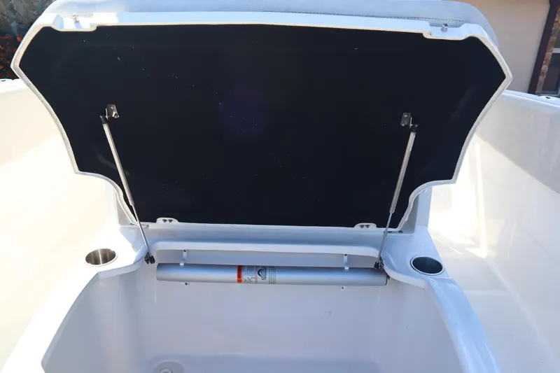 Yacht Photos Pics 2022 Sea Fox 288 Commander storage compartment with open lid and hydraulic support.