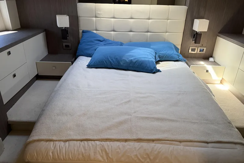  Yacht Photos Pics Luxurious bedroom interior of 2016 Cranchi Eco Trawler 53 Long Distance yacht.