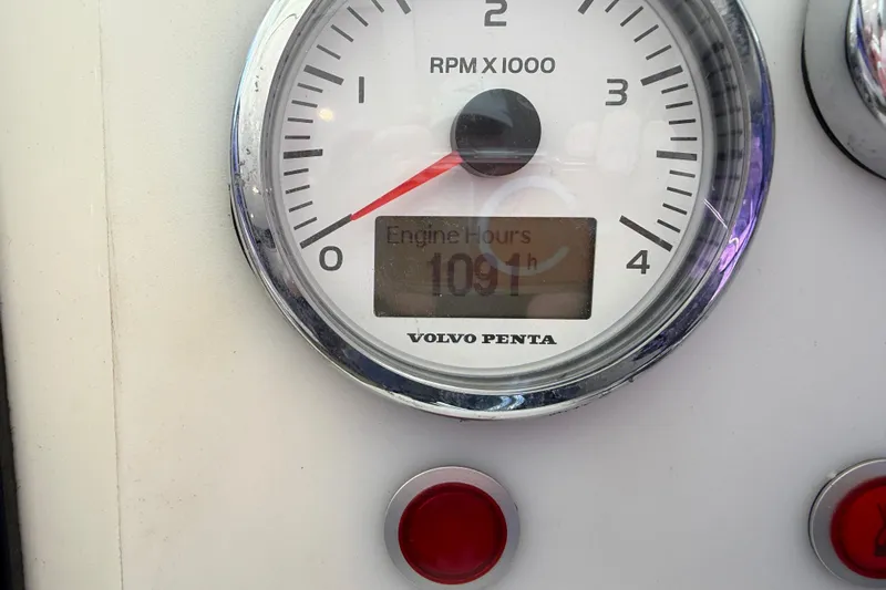  Yacht Photos Pics Volvo Penta tachometer showing 1091 engine hours on Cranchi Eco Trawler 53, 2016 model.