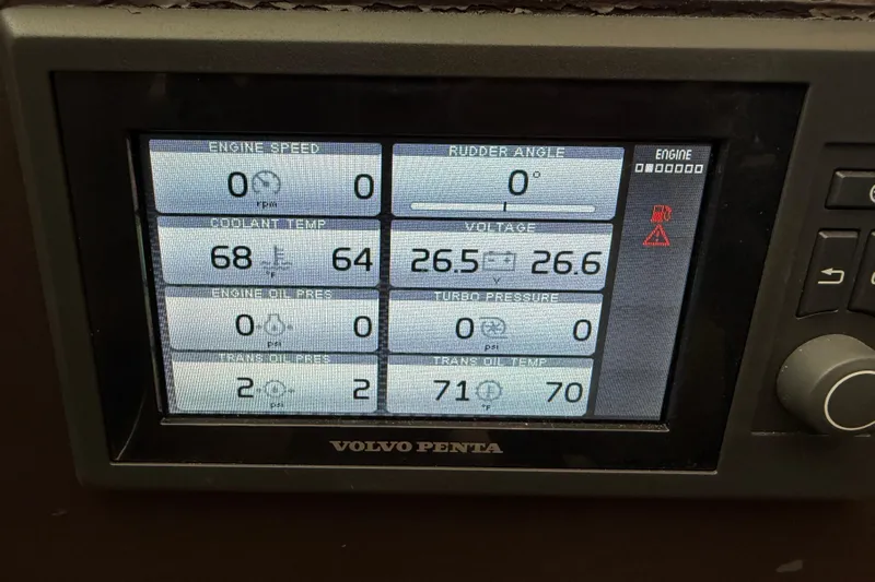  Yacht Photos Pics Volvo Penta engine display on 2016 Cranchi Eco Trawler 53 Long Distance, showing various metrics.
