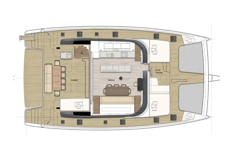 So Gnar Yacht Photos Pics Floor plan of 2022 Sunreef 60 Sail yacht, featuring cockpit, saloon, and front terrace.