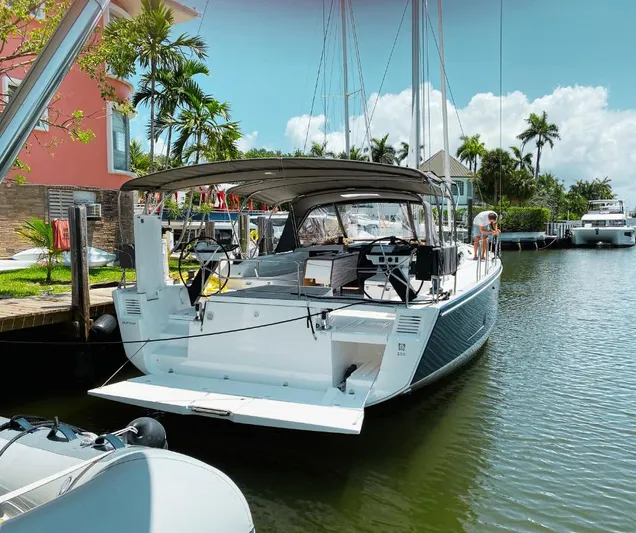 Dufour 530 In Annapolis Yacht Photos Pics 2024 Dufour 530 sailboat docked in a sunny marina.