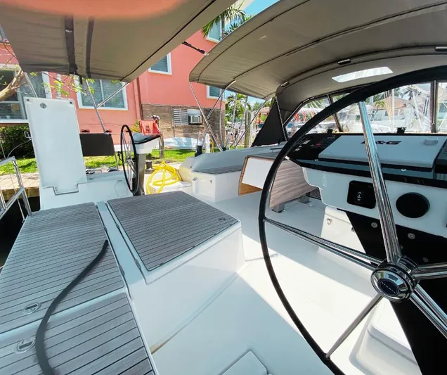 Dufour 530 In Annapolis Yacht Photos Pics 2024 Dufour 530 yacht cockpit with dual steering wheels and shaded seating area.