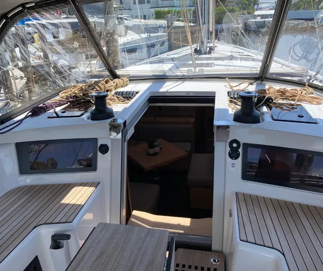 Dufour 530 In Annapolis Yacht Photos Pics 2024 Dufour 530 sailboat cockpit with teak decking and winches.