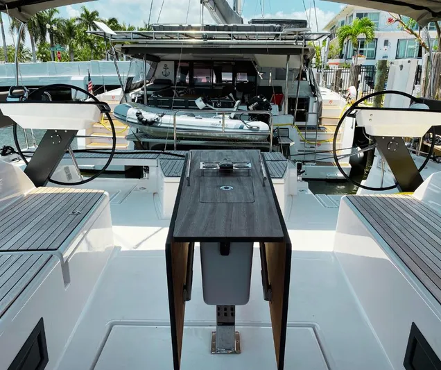 Dufour 530 In Annapolis Yacht Photos Pics Cockpit view of 2024 Dufour 530 sailboat with dual steering wheels and central table.