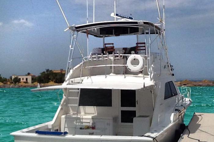 1994 Bertram 50 Convertible yacht docked by turquoise waters.
