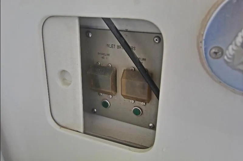  Yacht Photos Pics Electrical panel on a 1994 Bertram 50 Convertible boat, featuring inlet breakers.