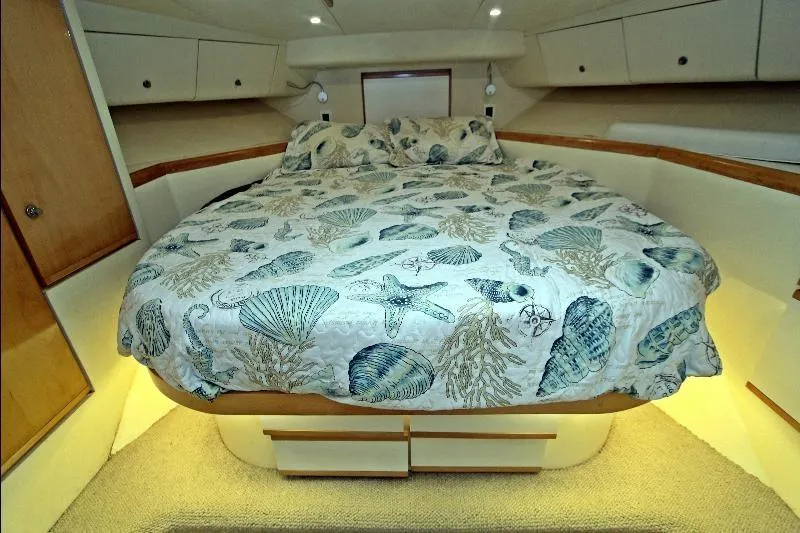  Yacht Photos Pics Luxurious bedroom interior of 1994 Bertram 50 Convertible yacht with seashell-themed bedding.