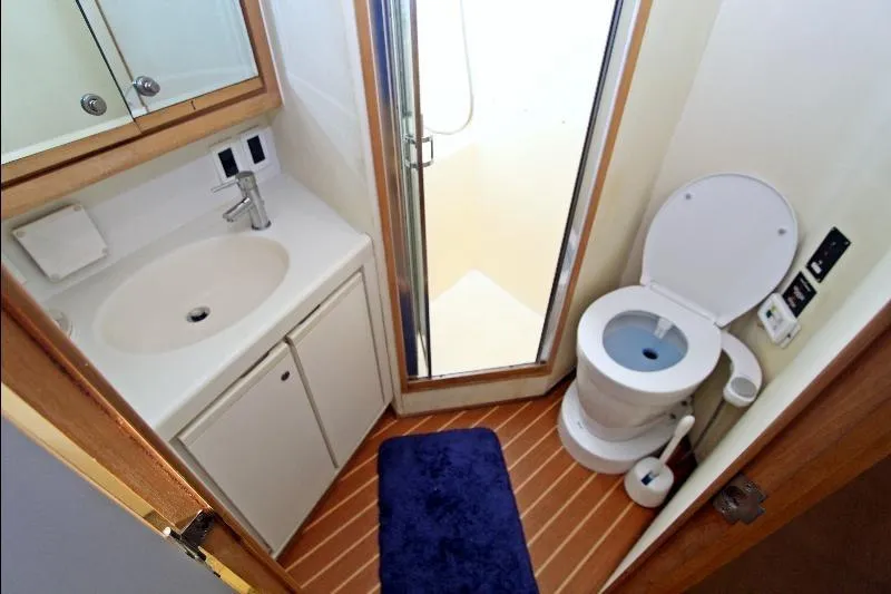  Yacht Photos Pics Bathroom interior of 1994 Bertram 50 Convertible yacht with shower, sink, and toilet.