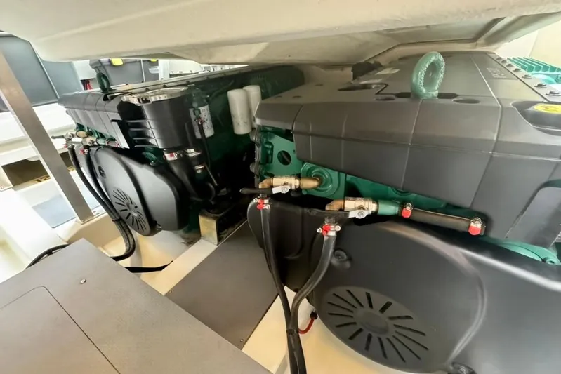 My Three Es Yacht Photos Pics Engine room of a 2016 Prestige 500 S yacht, showcasing dual engines.