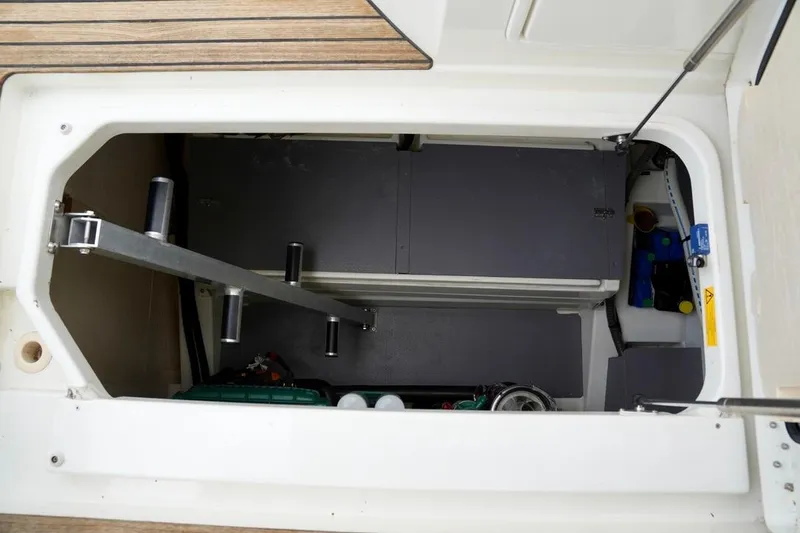 My Three Es Yacht Photos Pics Engine compartment of a 2016 Prestige 500 S yacht, showcasing mechanical components.