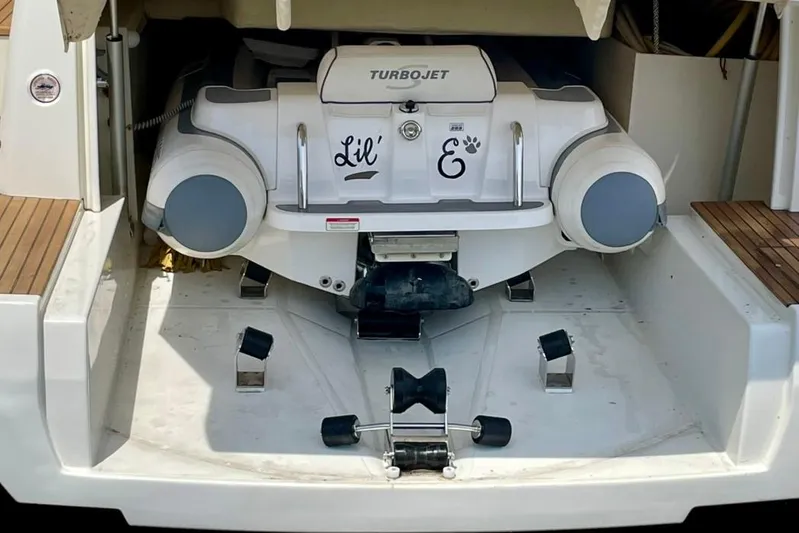 My Three Es Yacht Photos Pics 2016 Prestige 500 S yacht with Turbojet tender in storage compartment.