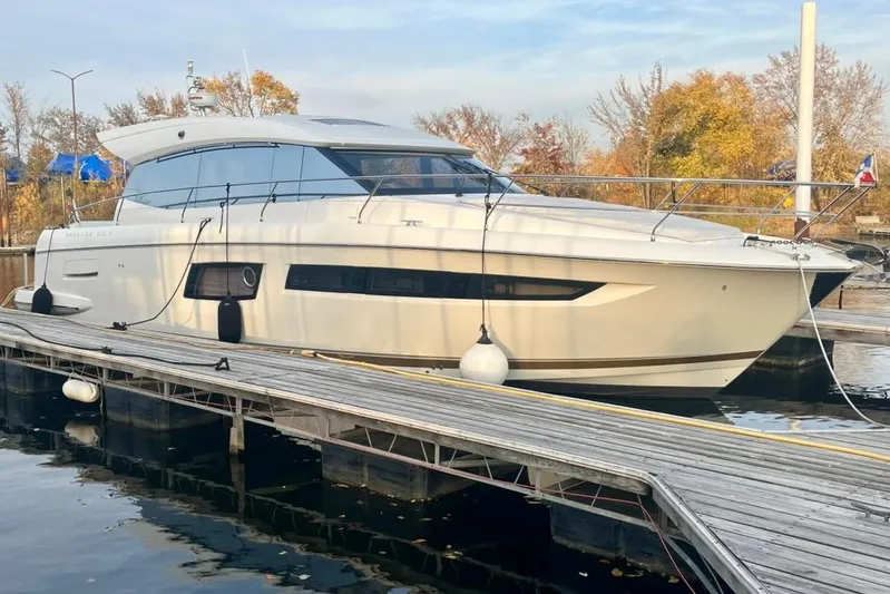My Three Es Yacht Photos Pics 2016 Prestige 500 S yacht docked at marina, surrounded by autumn trees.