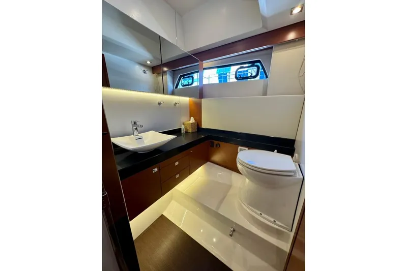 My Three Es Yacht Photos Pics Luxurious bathroom in 2016 Prestige 500 S yacht with modern fixtures and elegant design.