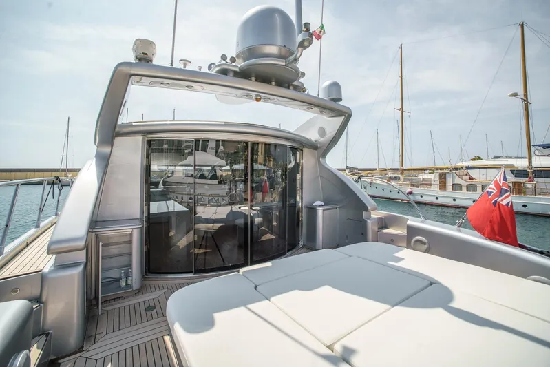 Ganache Yacht Photos Pics Luxury Leopard 24 yacht deck, 2005 model, docked at marina with clear skies.