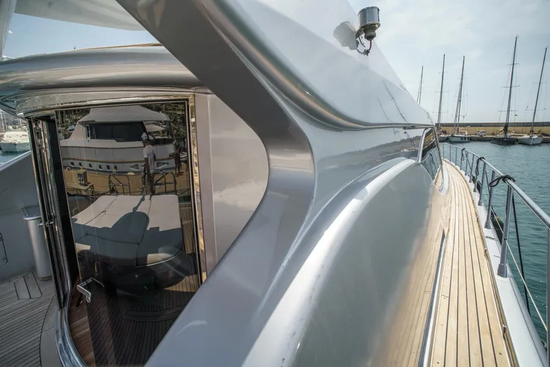 Ganache Yacht Photos Pics Luxury yacht Leopard 24, 2005 model, with sleek design and wooden deck in marina.