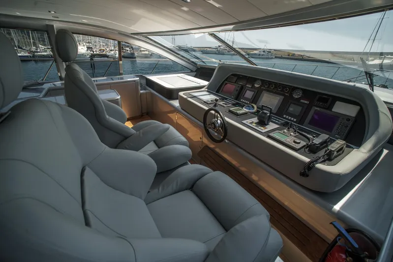 Ganache Yacht Photos Pics Luxurious 2005 Leopard 24 yacht cockpit with modern navigation equipment and plush seating.