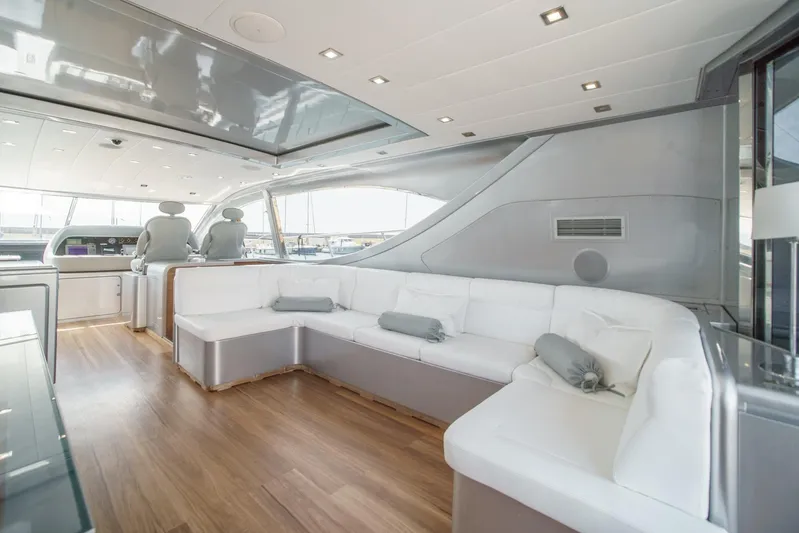 Ganache Yacht Photos Pics Luxurious interior of a 2005 Leopard 24 yacht with white seating and modern design.