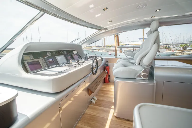 Ganache Yacht Photos Pics Luxurious 2005 Leopard 24 yacht interior with modern helm and plush seating.