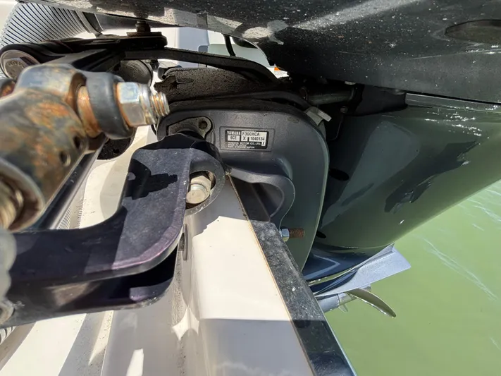  Yacht Photos Pics Close-up of a 2017 Pursuit DC 325 Dual Console boat engine components.