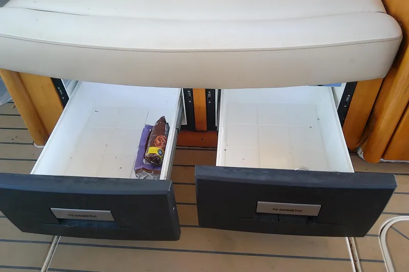  Yacht Photos Pics Open drawers on 2019 Floe Craft 3950C Aquafina boat, featuring Dometic storage.