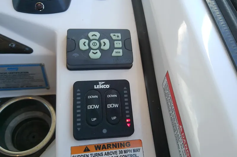  Yacht Photos Pics Control panel of 2019 Floe Craft 3950C Aquafina with Lenco and warning labels.