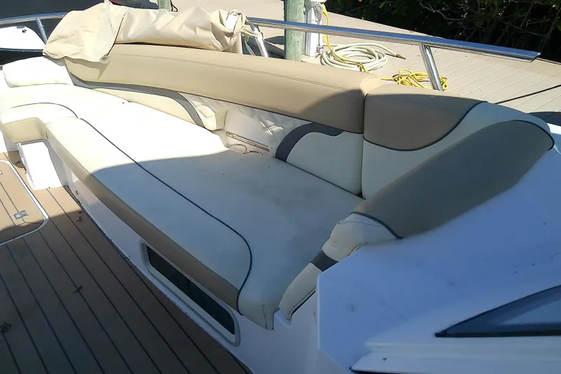  Yacht Photos Pics 2019 Floe Craft 3950C Aquafina boat with beige and white seating on deck.