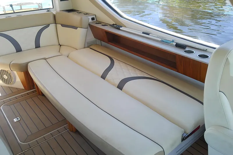  Yacht Photos Pics 2019 Floe Craft 3950C Aquafina boat interior with luxurious seating and wood accents.