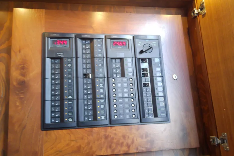  Yacht Photos Pics Electrical control panel in 2019 Floe Craft 3950C Aquafina boat, featuring digital displays and switches.