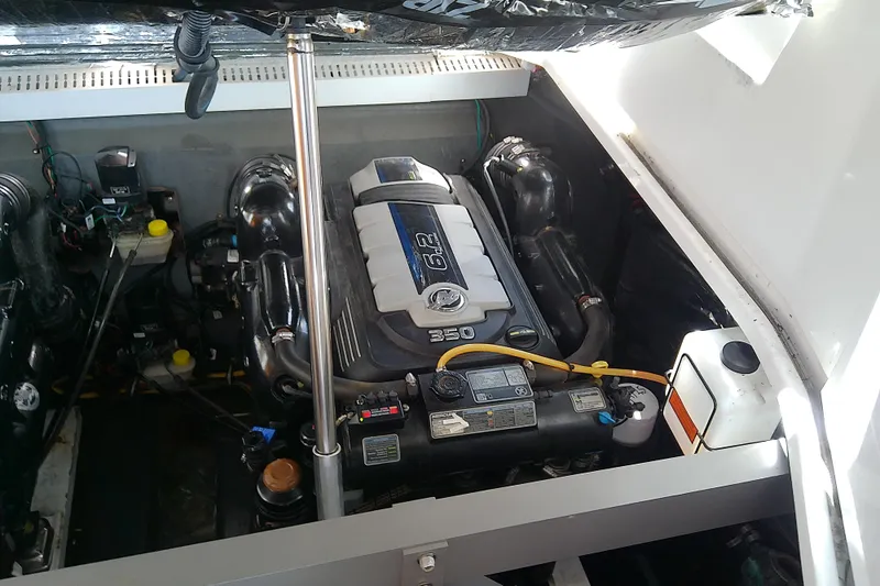  Yacht Photos Pics Engine compartment of 2019 Floe Craft 3950C Aquafina boat, showcasing detailed components.