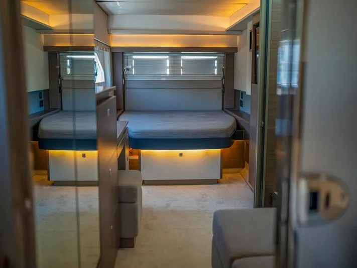 Breathe Yacht Photos Pics Interior of 2020 Leopard 53 Powercat yacht, featuring a modern bedroom design.
