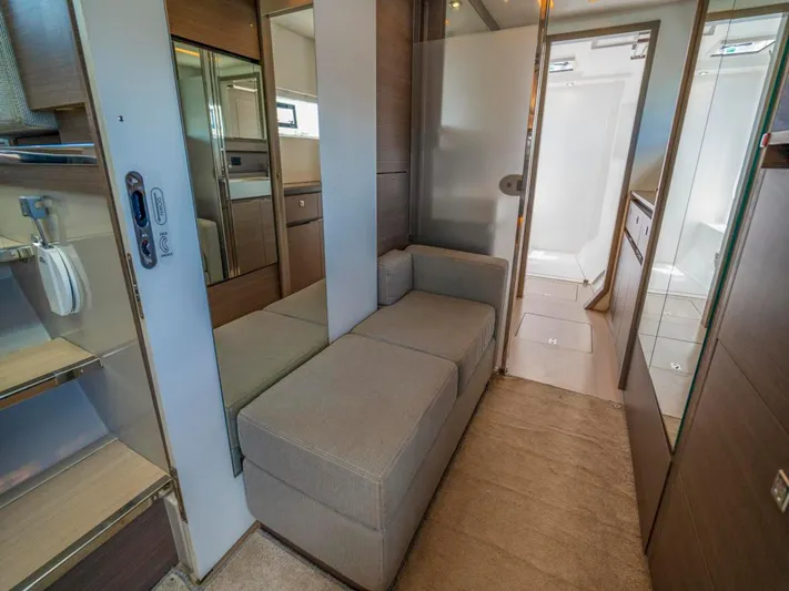 Breathe Yacht Photos Pics Interior of 2020 Leopard 53 Powercat yacht with modern seating and sleek design.