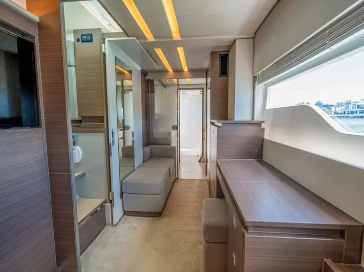 Breathe Yacht Photos Pics Luxurious interior of a 2020 Leopard 53 Powercat yacht with modern furnishings and ample natural light.