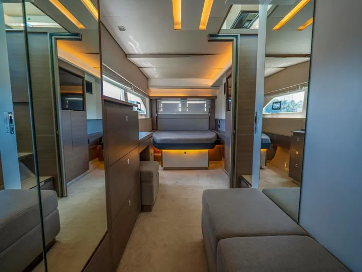 Breathe Yacht Photos Pics Luxurious interior of 2020 Leopard 53 Powercat yacht with modern design and ambient lighting.