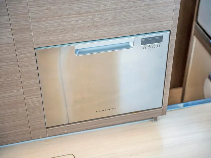 Breathe Yacht Photos Pics Built-in dishwasher on 2020 Leopard 53 Powercat yacht kitchen.