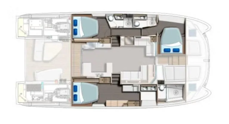 Breathe Yacht Photos Pics Floor plan of a 2020 Leopard 53 Powercat yacht, featuring three bedrooms and two bathrooms.