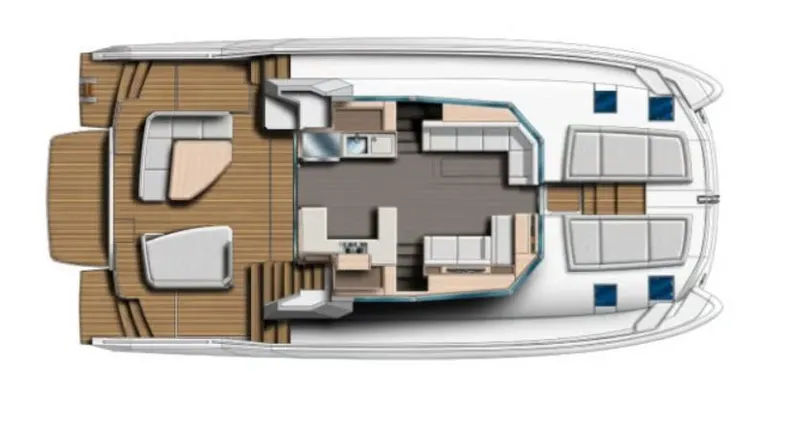 Breathe Yacht Photos Pics Top view layout of 2020 Leopard 53 Powercat yacht interior design.