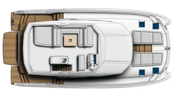Breathe Yacht Photos Pics Top view of 2020 Leopard 53 Powercat yacht layout with seating and deck areas.