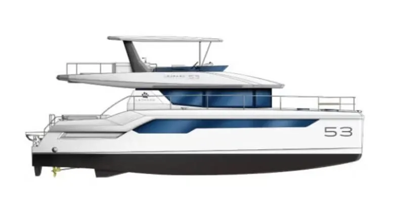 Breathe Yacht Photos Pics 2020 Leopard 53 Powercat yacht, side view, sleek design, modern features.