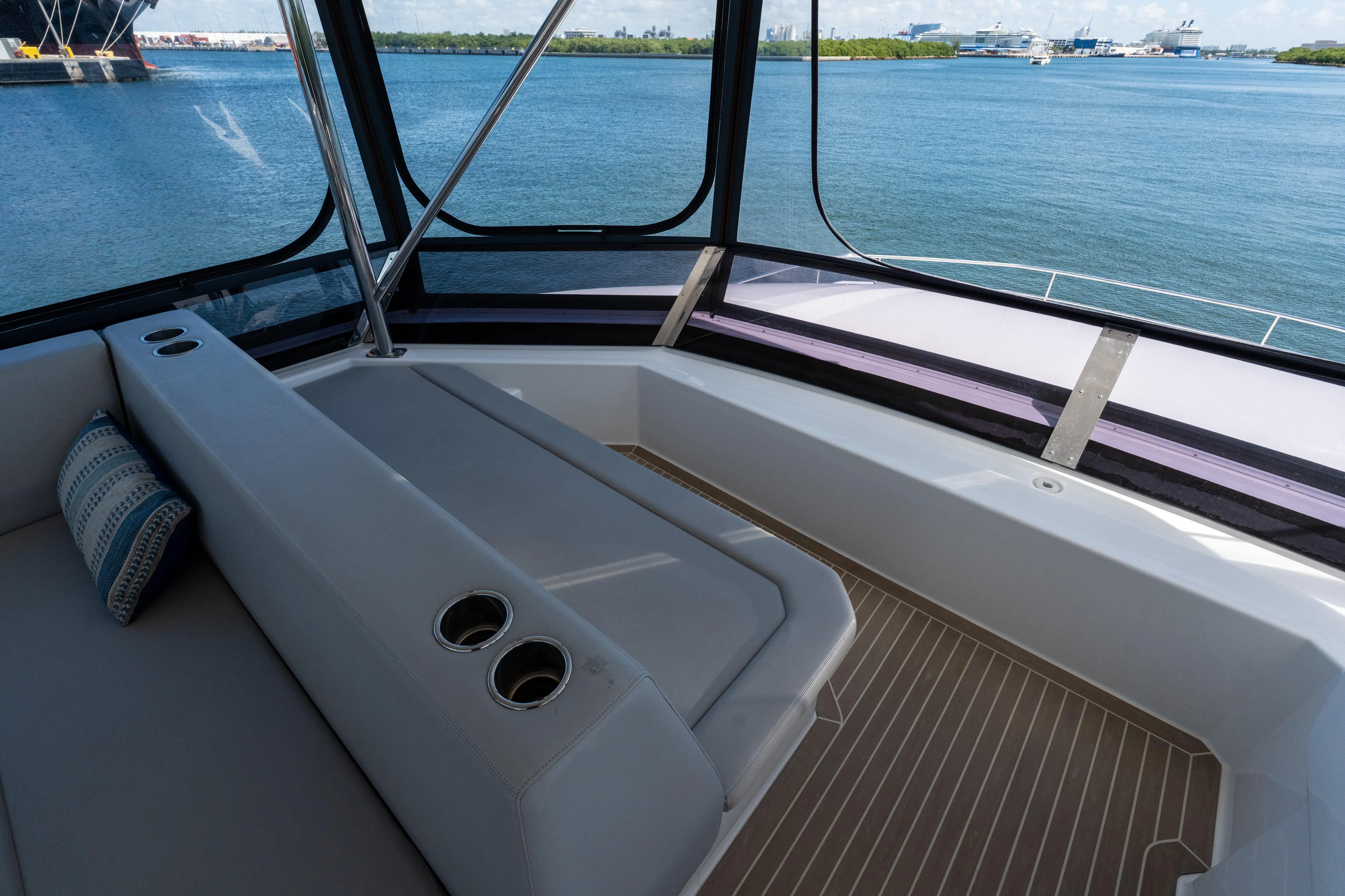 Breathe Yacht Photos Pics Leopard 53 Powercat 2020 yacht interior with seating and ocean view.