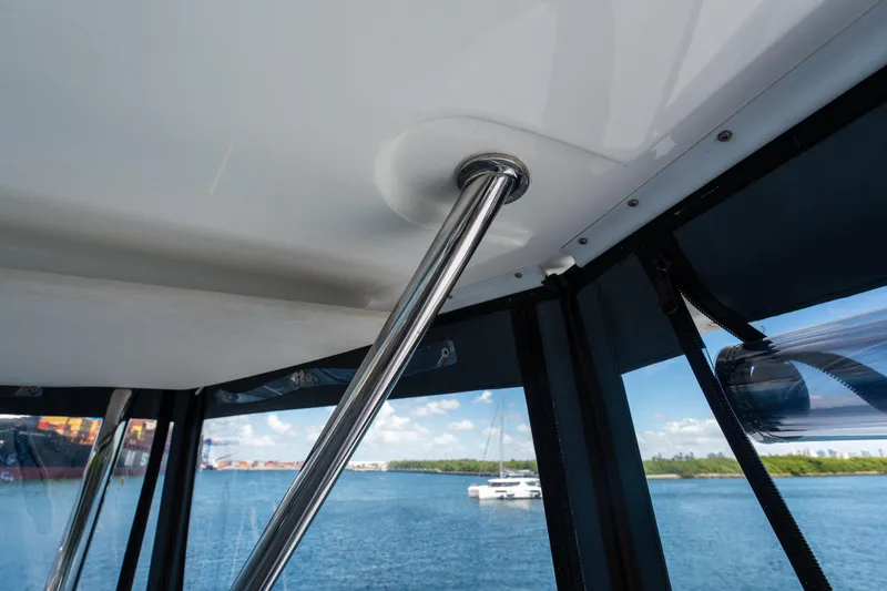 Breathe Yacht Photos Pics Interior view of 2020 Leopard 53 Powercat with ocean backdrop.