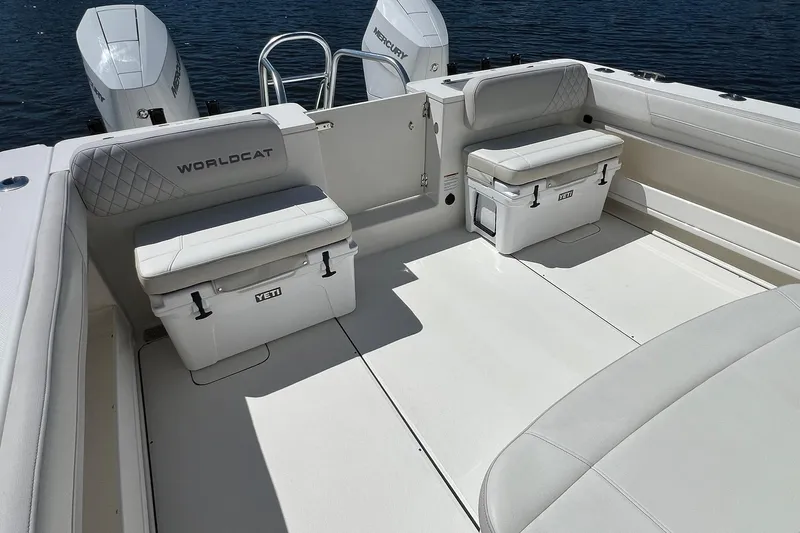  Yacht Photos Pics 2024 World Cat 325 CC boat interior with Yeti coolers and Mercury engines.