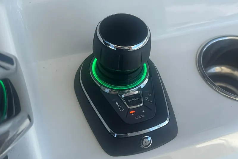  Yacht Photos Pics Joystick control on 2024 World Cat 325 CC boat, featuring illuminated buttons.