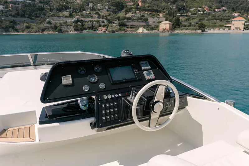 Milky Way Yacht Photos Pics Helm of 2007 Riva Venere 75 yacht with scenic coastal backdrop.