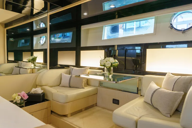 Milky Way Yacht Photos Pics Luxurious interior of 2007 Riva Venere 75 yacht with elegant seating and decor.