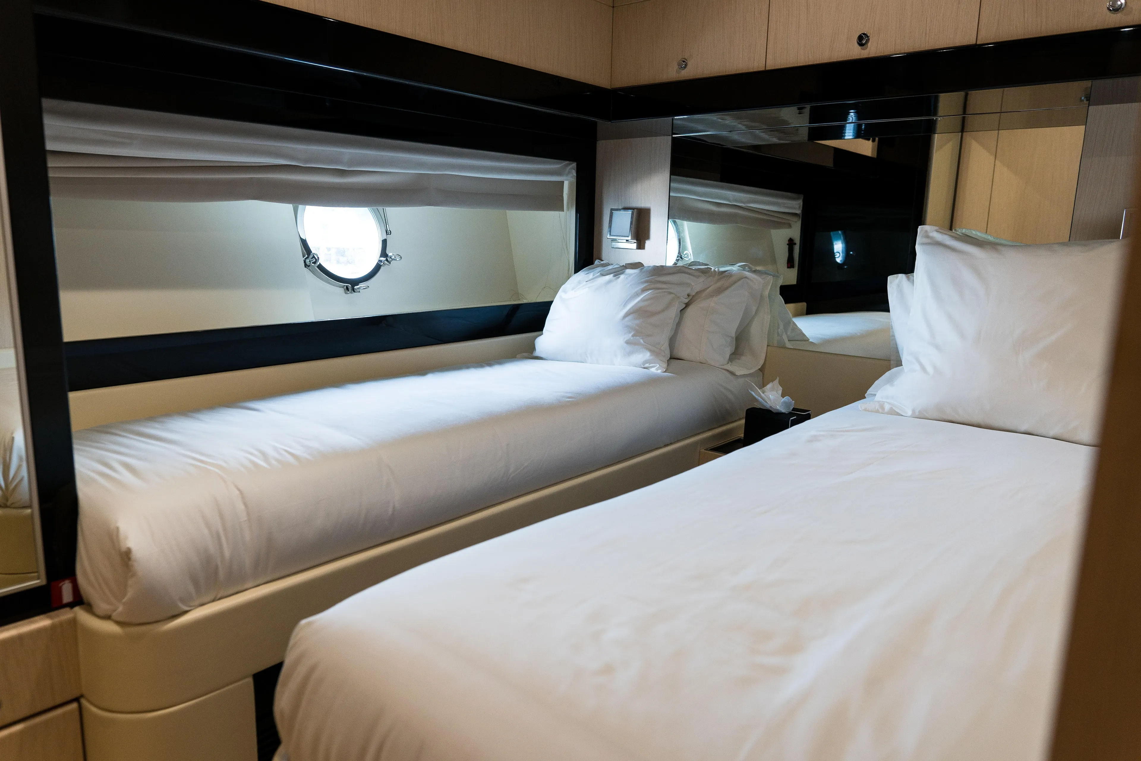 Milky Way Yacht Photos Pics Luxurious cabin interior of 2007 Riva Venere 75 yacht with twin beds.