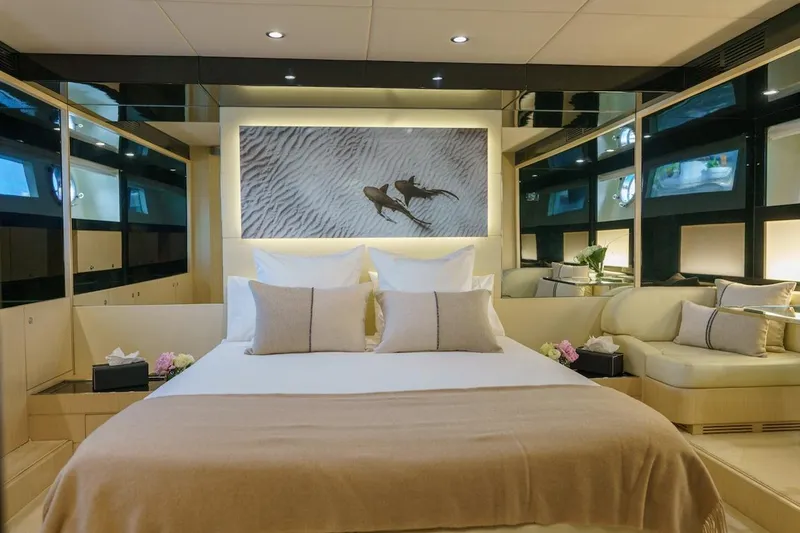 Milky Way Yacht Photos Pics Luxurious bedroom interior of 2007 Riva Venere 75 yacht with elegant decor and comfortable bedding.