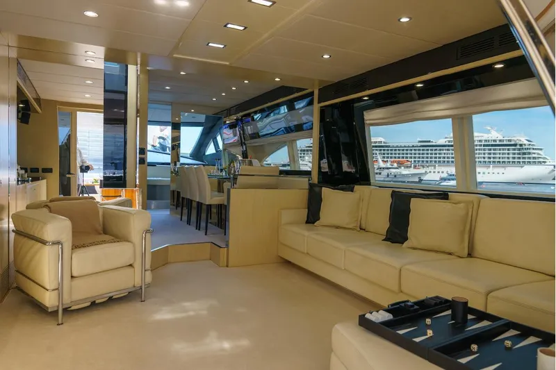 Milky Way Yacht Photos Pics Luxurious interior of 2007 Riva Venere 75 yacht with elegant seating and dining area.